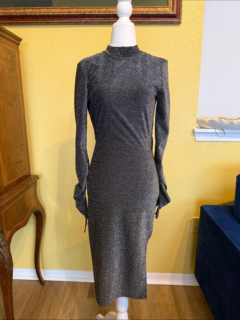 Topshop Metallic Charcoal Long Sleeve Midi Dress